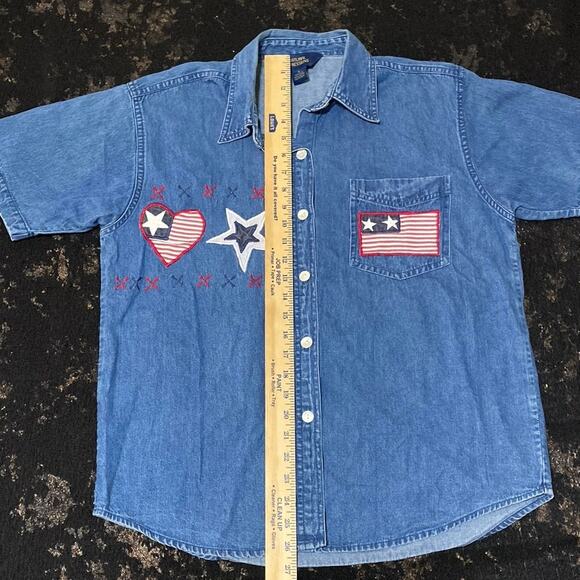 July 4th USA Flag Freedom Denim Shirt Button Up Cotton Natural Impressions M - Picture 5 of 10